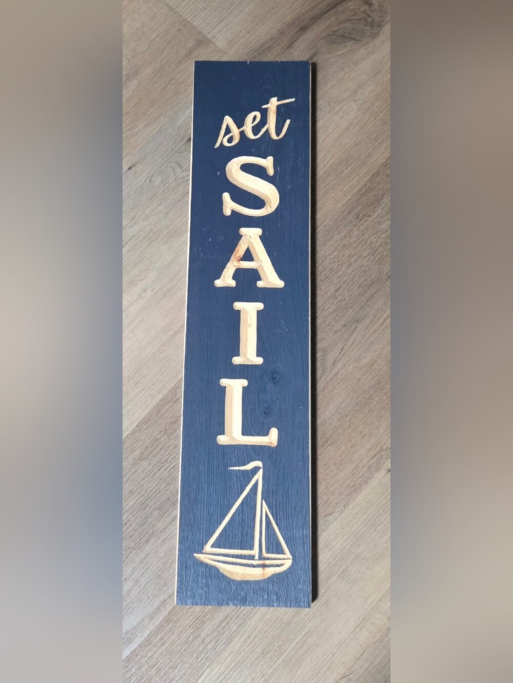 Navy and Cream 'Sail' Carved Wall Sign - Coastal Home Decor ~ Bin RR